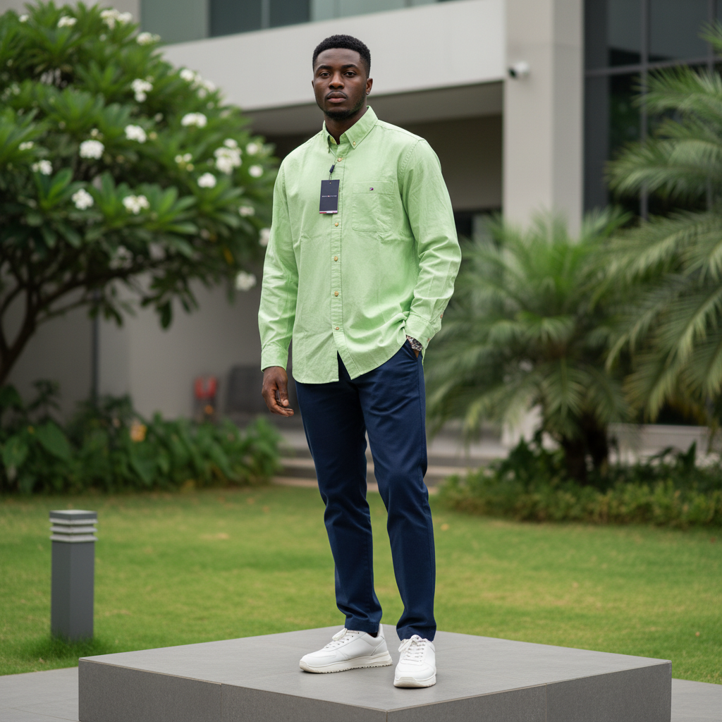Nigerian male model wearing men's lime green long-sleeve button-down casual shirt, garden setting