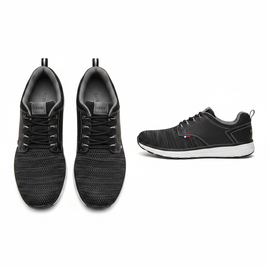Men's black knit low-top casual sneaker ghost mannequin front and side view pair