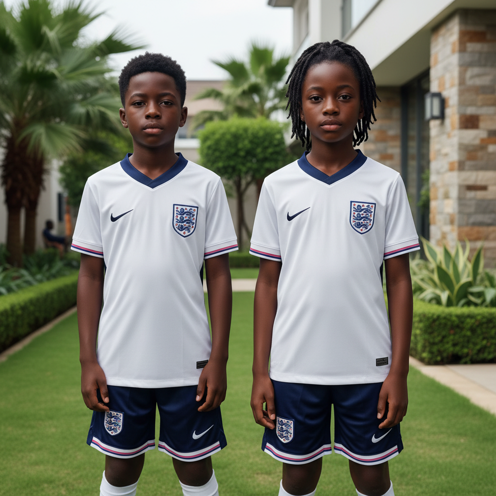 Nigerian boy and girl wearing white and navy three lions kids football jersey and shorts set