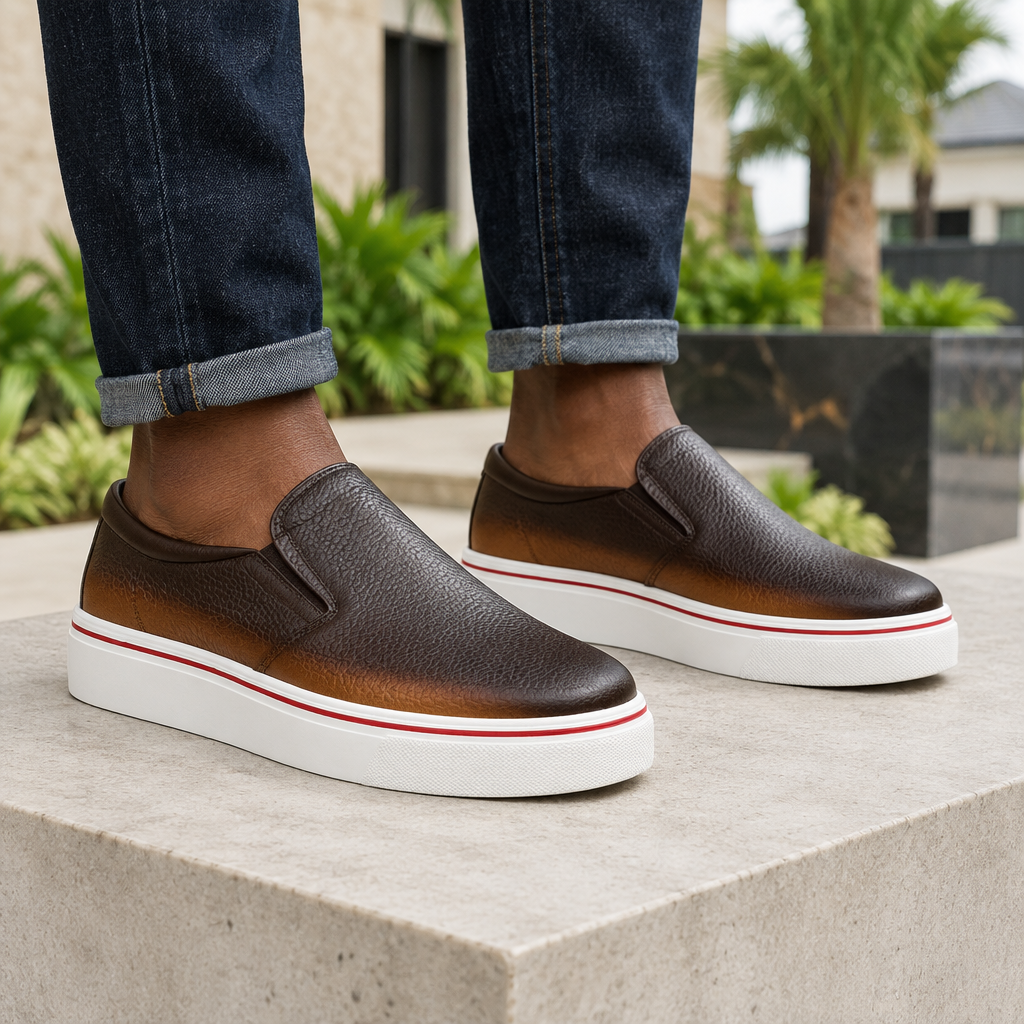 Man wearing brown ombre leather slip-on platform sneakers with rolled denim