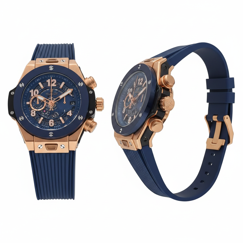 Men's rose gold blue ceramic skeleton chronograph sport watch — ghost mannequin front and side view