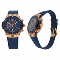 Men's rose gold blue ceramic skeleton chronograph sport watch — ghost mannequin front and side view