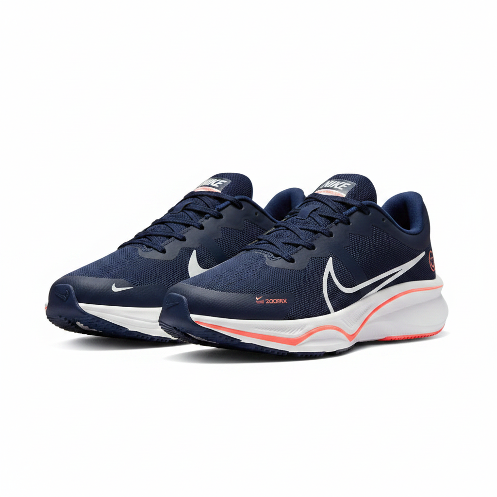 Nike ZoomX navy blue and white running sneaker ghost mannequin product shot