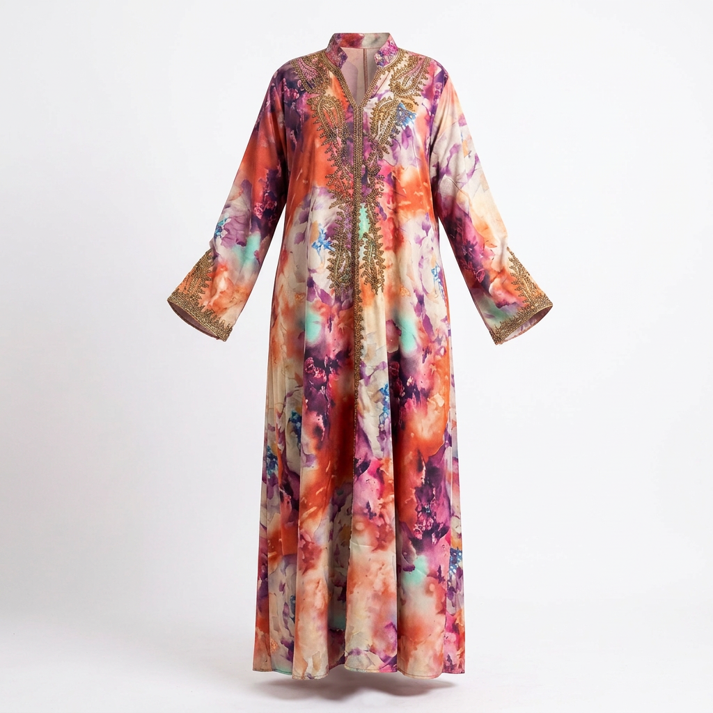 Floral embellished abaya ghost image with straight flowing drape matched to the model shot