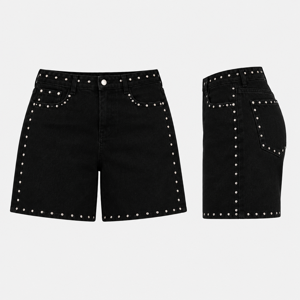 Black denim shorts with silver-tone studs outlining waistband, pockets, sides and hems