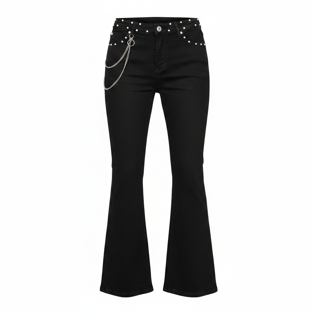 Black Flare Denim Jeans with Pearl Trim & Chain – Ghost Mannequin