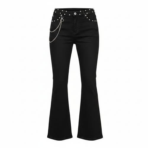 Black Flare Denim Jeans with Pearl Trim & Chain – Ghost Mannequin