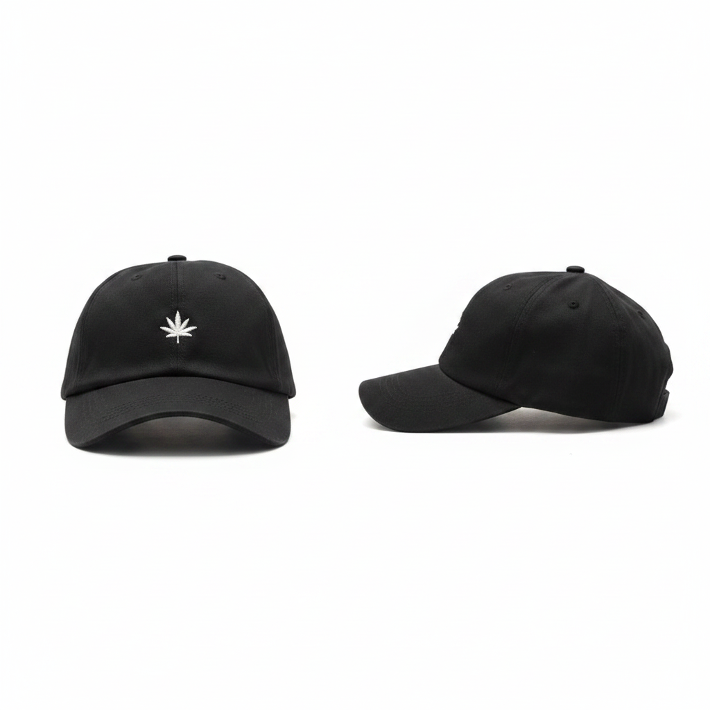 Black maple leaf embroidered dad cap – ghost mannequin front and side view
