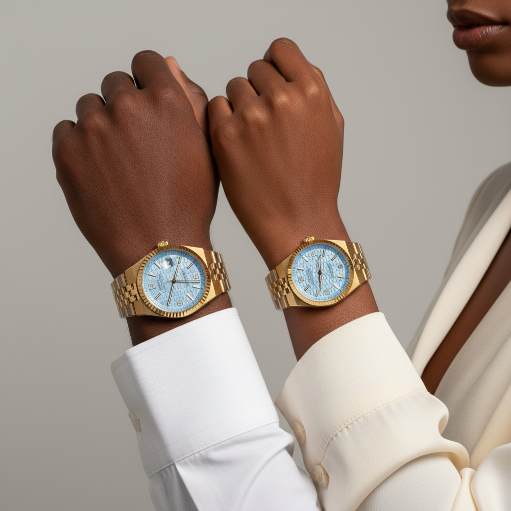 Nigerian male and female model wrist shot — sky blue full gold couple watch