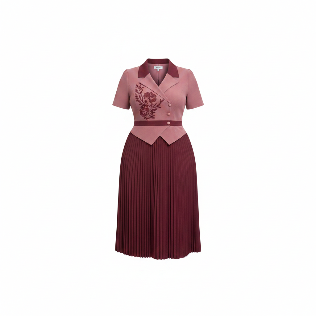 Dusty rose and burgundy two-tone pleated midi gown with floral embroidery, ghost mannequin view