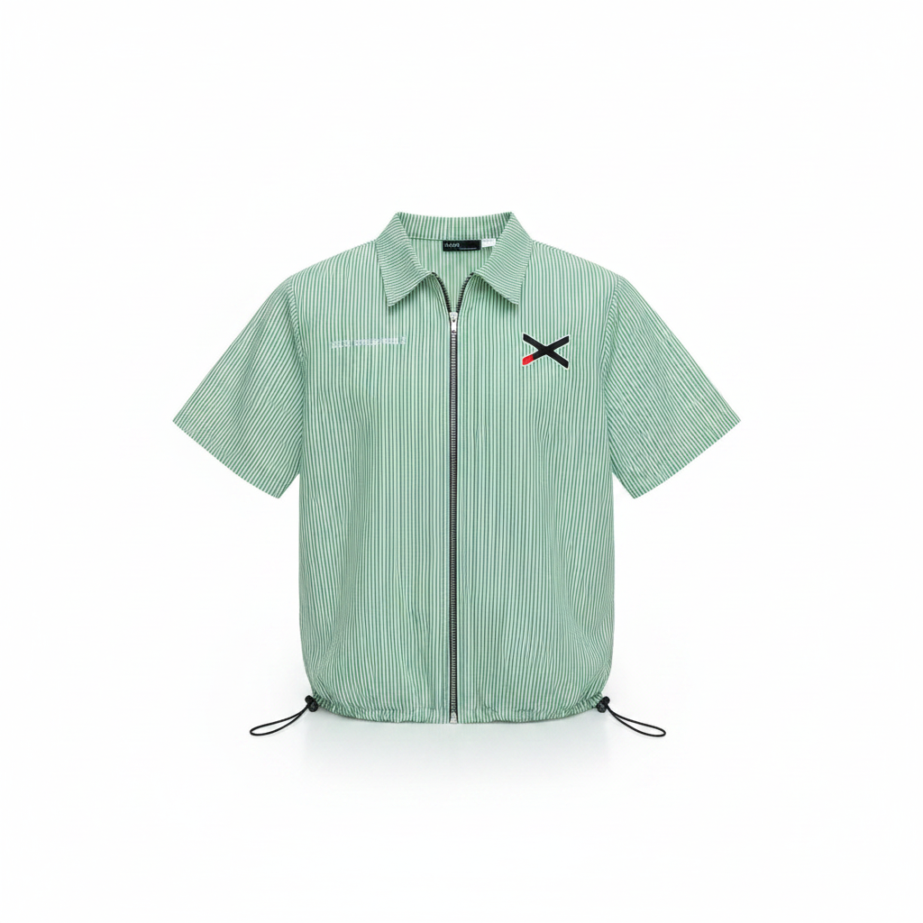 Men's mint green pinstripe zip-up varsity shirt – ghost mannequin front view