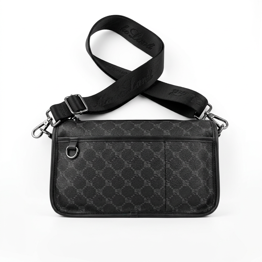 Black patterned crossbody bag with wide adjustable strap and ring-pull front zip on white background
