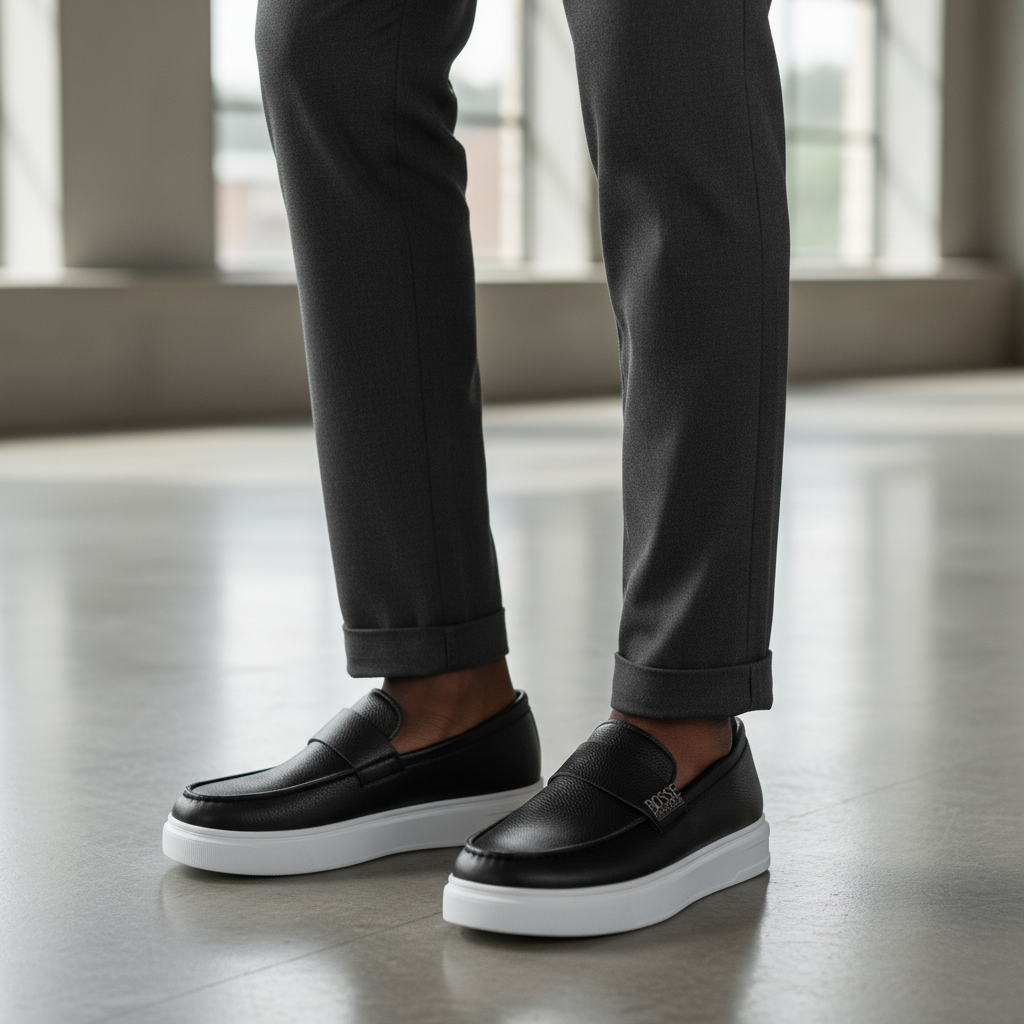 BOSSE Black Platform Slip-On Loafers UE-2617 – Model Shot