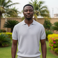 Grey Open-Collar Knit Polo – Nigerian male model front view