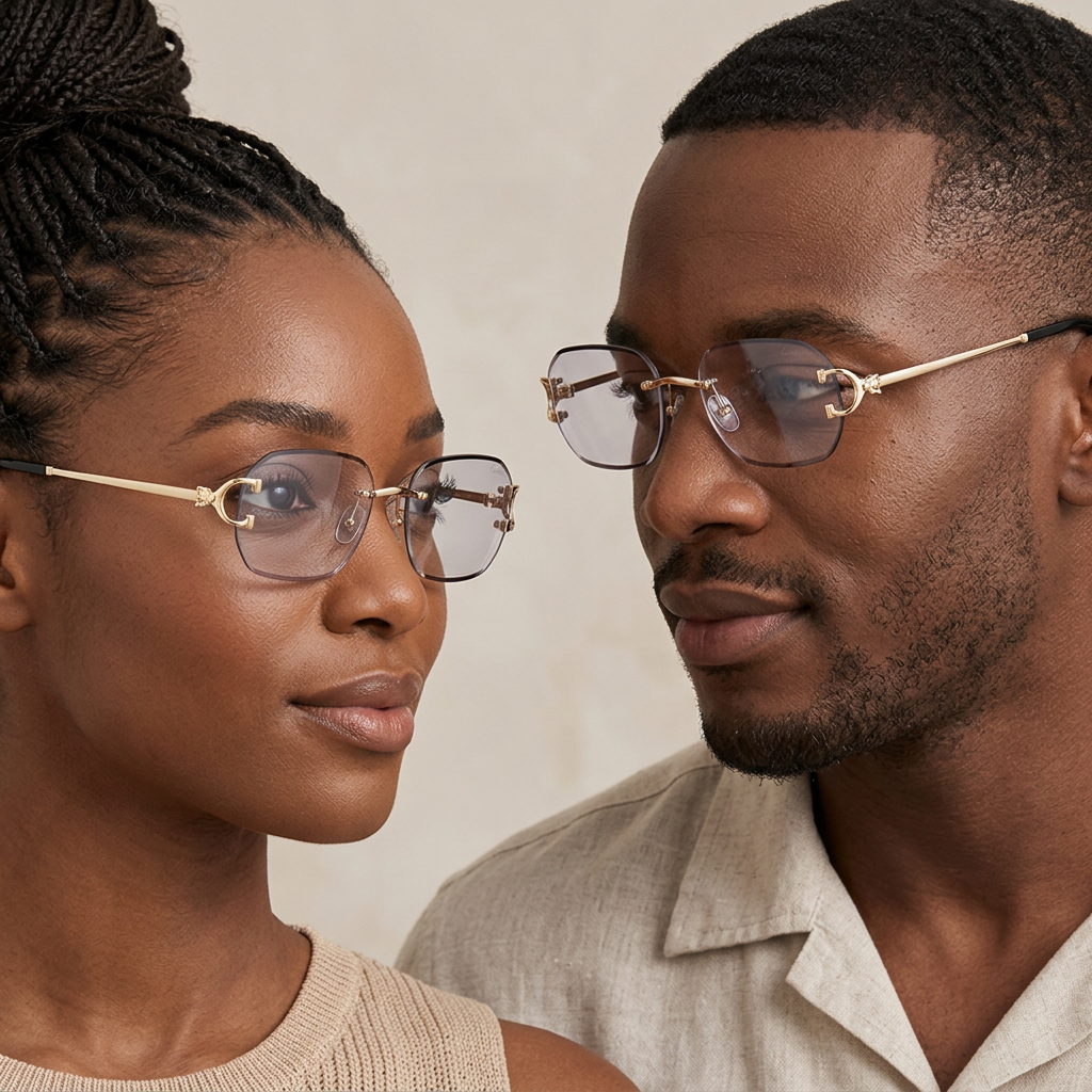 AI-generated adults wearing gold-tone fashion eyeglasses