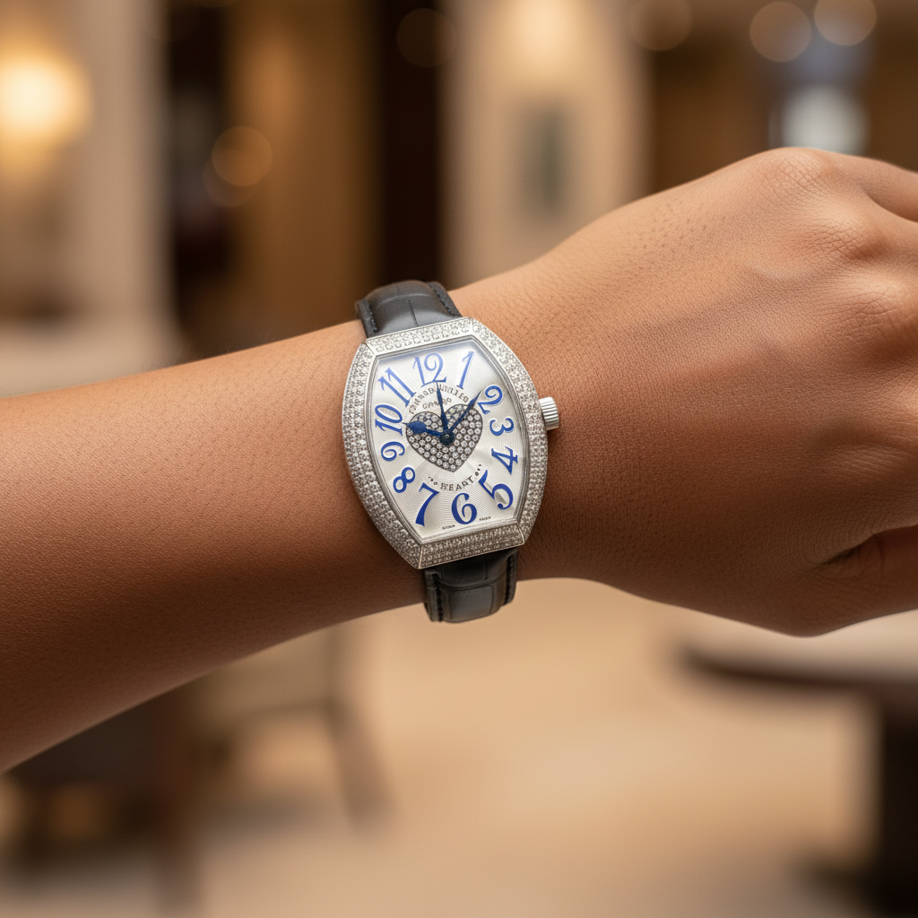 Women's silver diamond bezel blue numeral crystal heart tonneau watch worn on Nigerian model wrist — lifestyle wrist shot