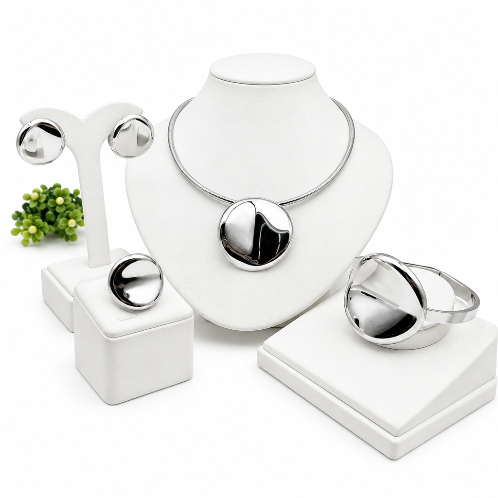 Silver mirror disc 4-piece jewelry set with necklace, earrings, ring and bangle