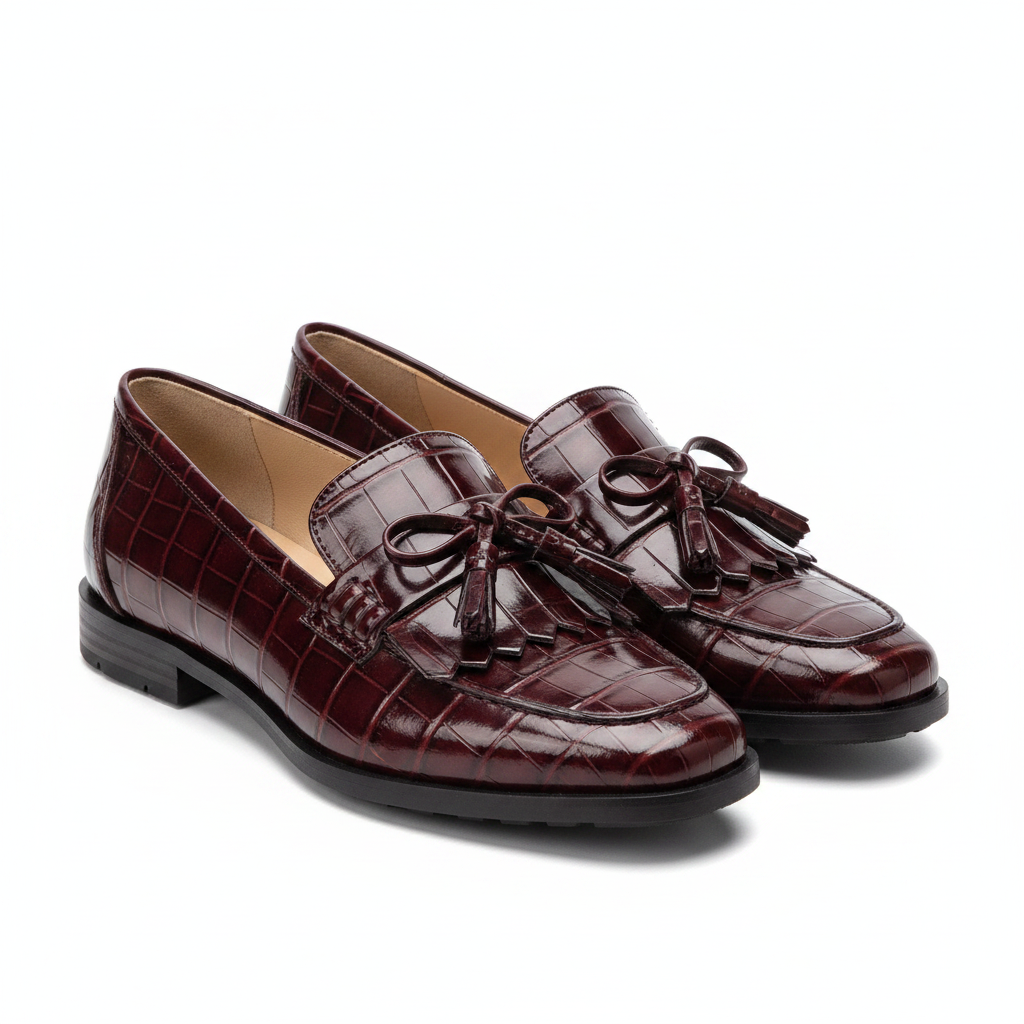 Layinka Store Burgundy Croc Patent Tassel-Bow Loafers – Catalog Shot
