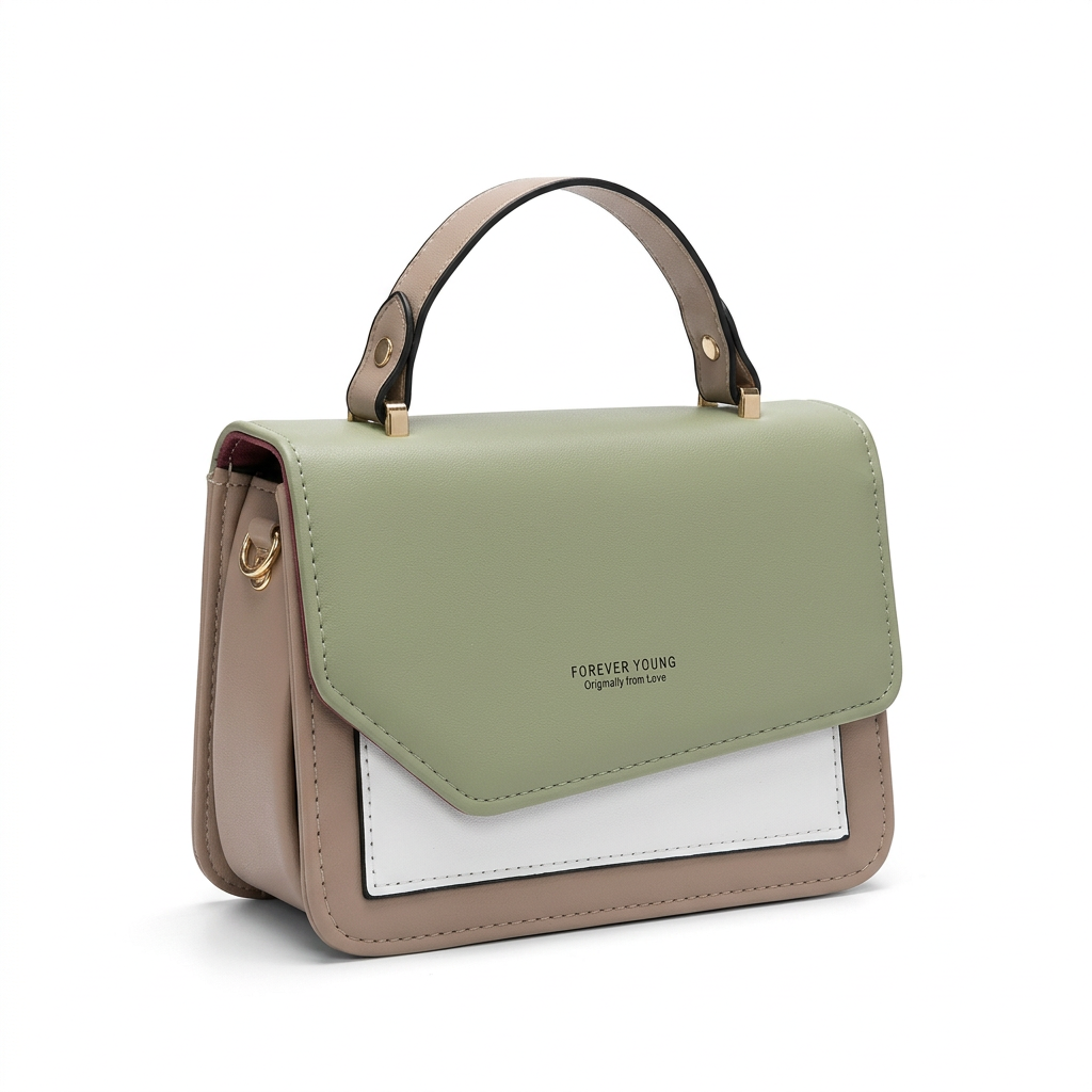 Sage green taupe and white colour-block top-handle bag on white