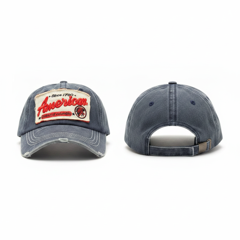 Washed navy distressed vintage patch baseball cap ghost mannequin front and side view