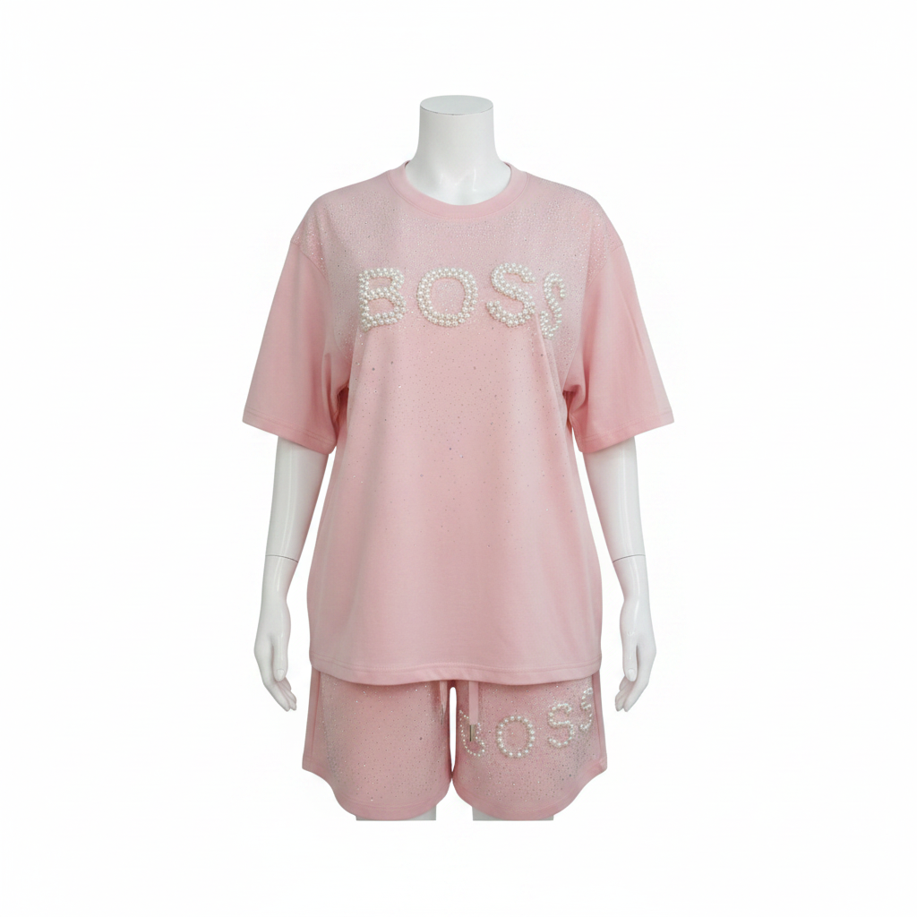 Pink Pearl Slogan Rhinestone Top & Shorts Set - Ghost Mannequin Front View