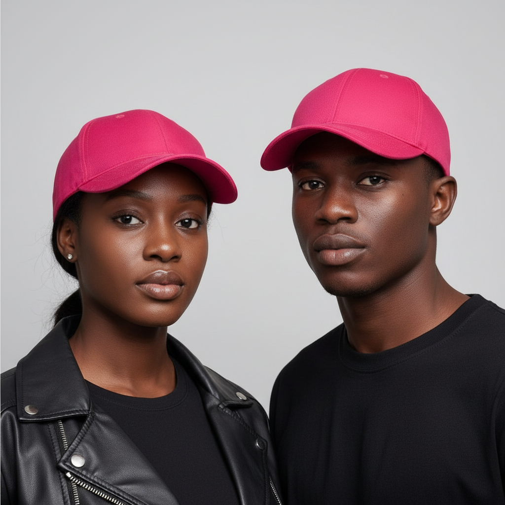 Nigerian female and male models wearing plain bright magenta hot pink baseball cap