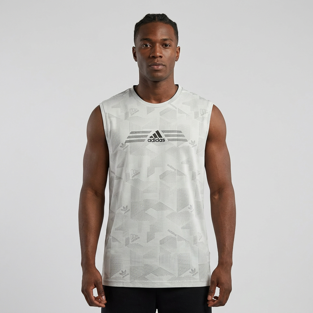 Man wearing pale grey geometric sleeveless top on plain studio background
