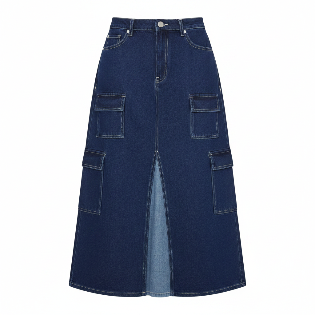 Dark Navy Multi-Pocket Heavy Cargo Denim Skirt - Ghost Mannequin Front