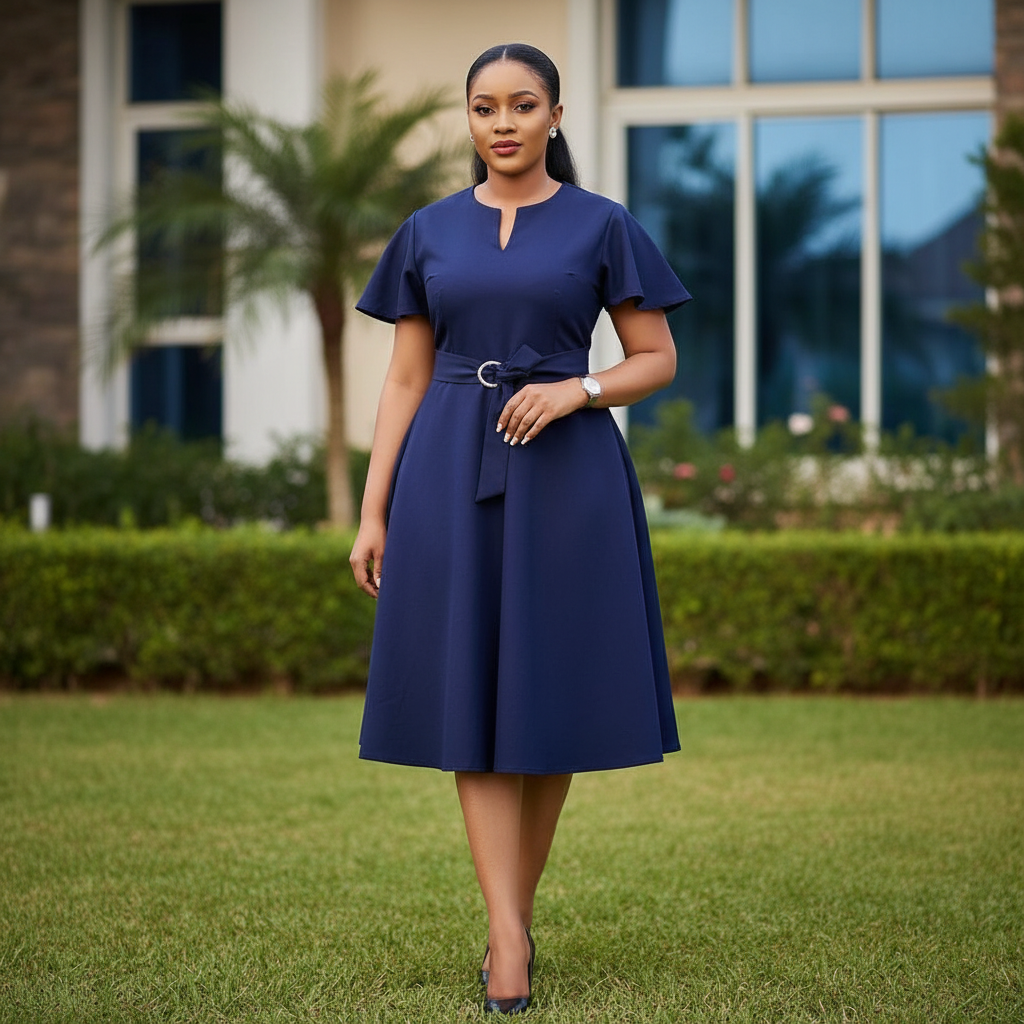 Nigerian female model wearing navy blue flutter sleeve belted A-line midi dress