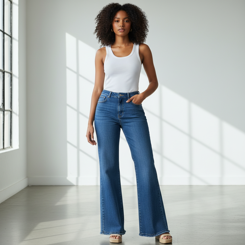 Nigerian female model wearing dark blue wide-leg flare jeans front view