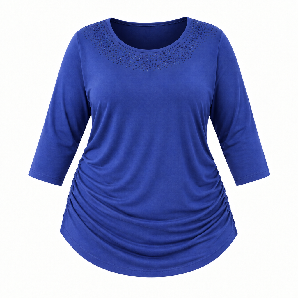 Royal blue beaded-neck ruched jersey top ghost mannequin