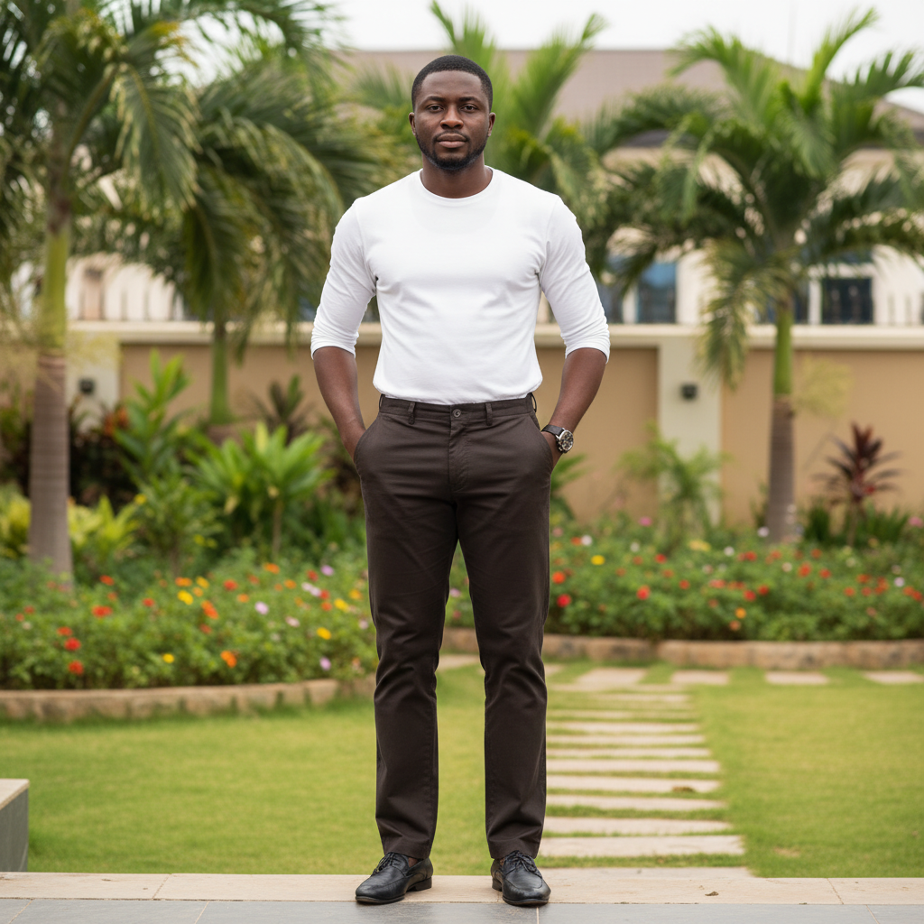 Nigerian male model wearing Men's Dark Brown Straight-Leg Chino Trousers