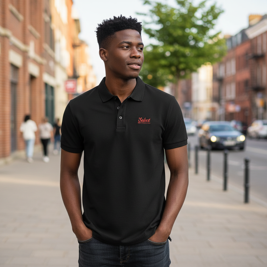 Young Nigerian male model wearing black polo with red script logo