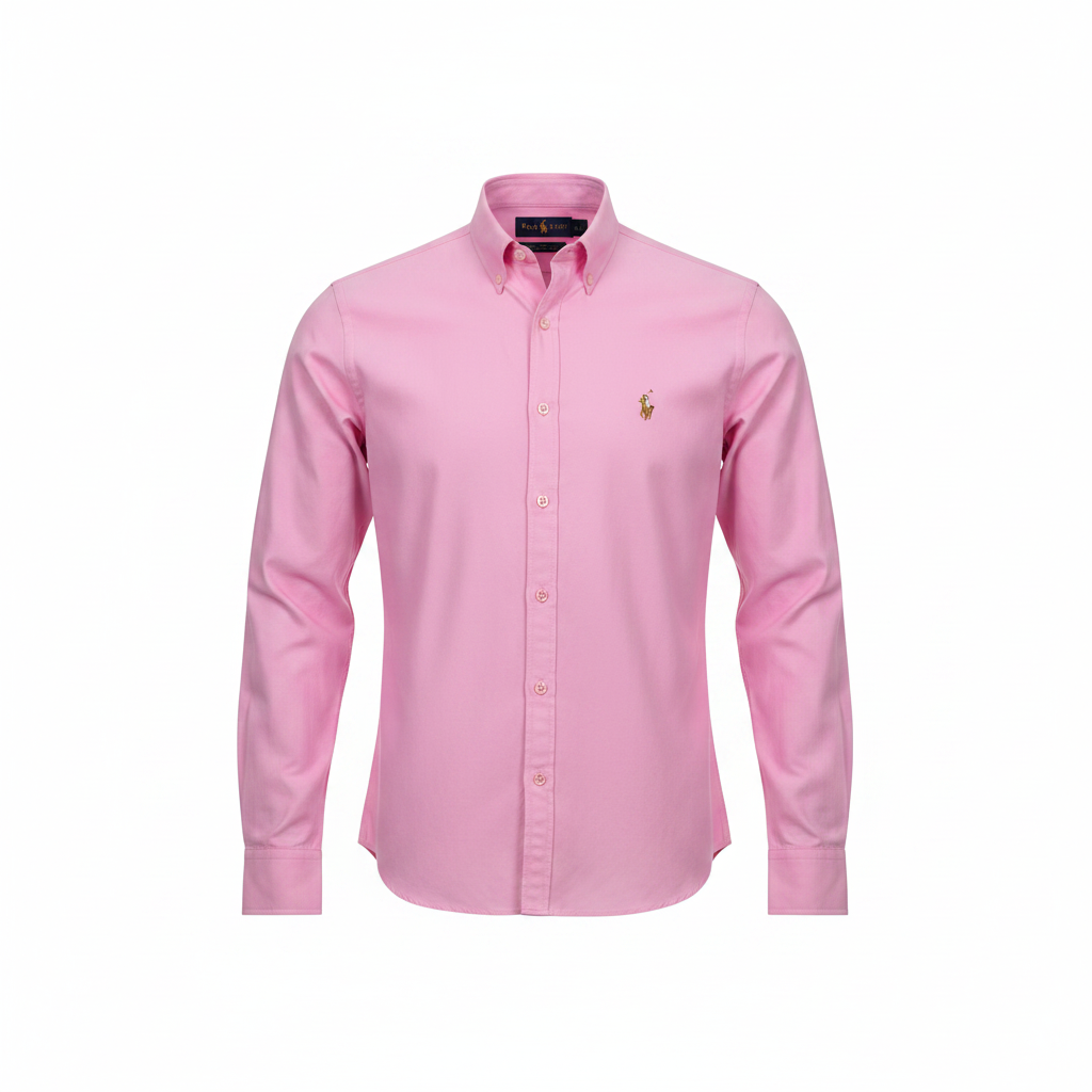 Men's candy pink long-sleeve button-down casual shirt on ghost mannequin, white background