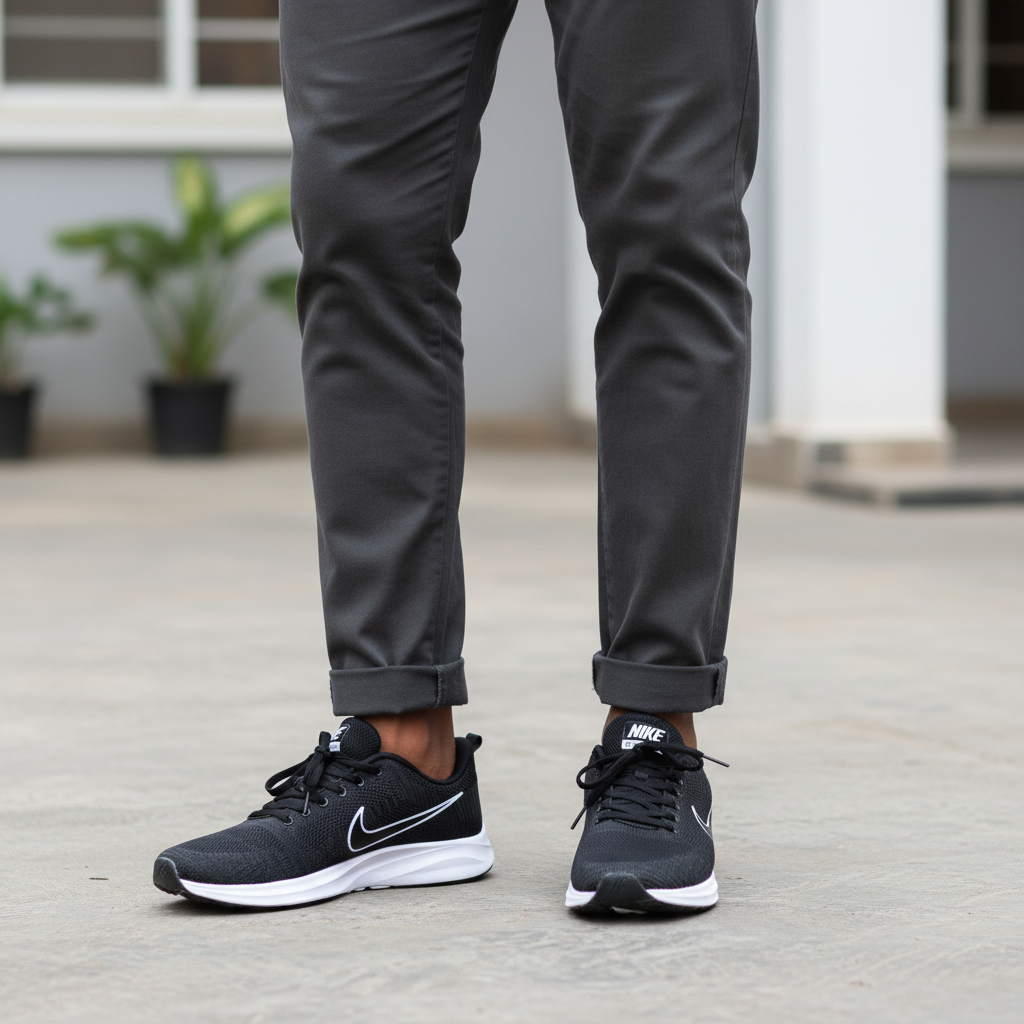 Nigerian male model wearing black mesh athletic runner sneakers with white swoosh detail, Gen Z street style leg shot