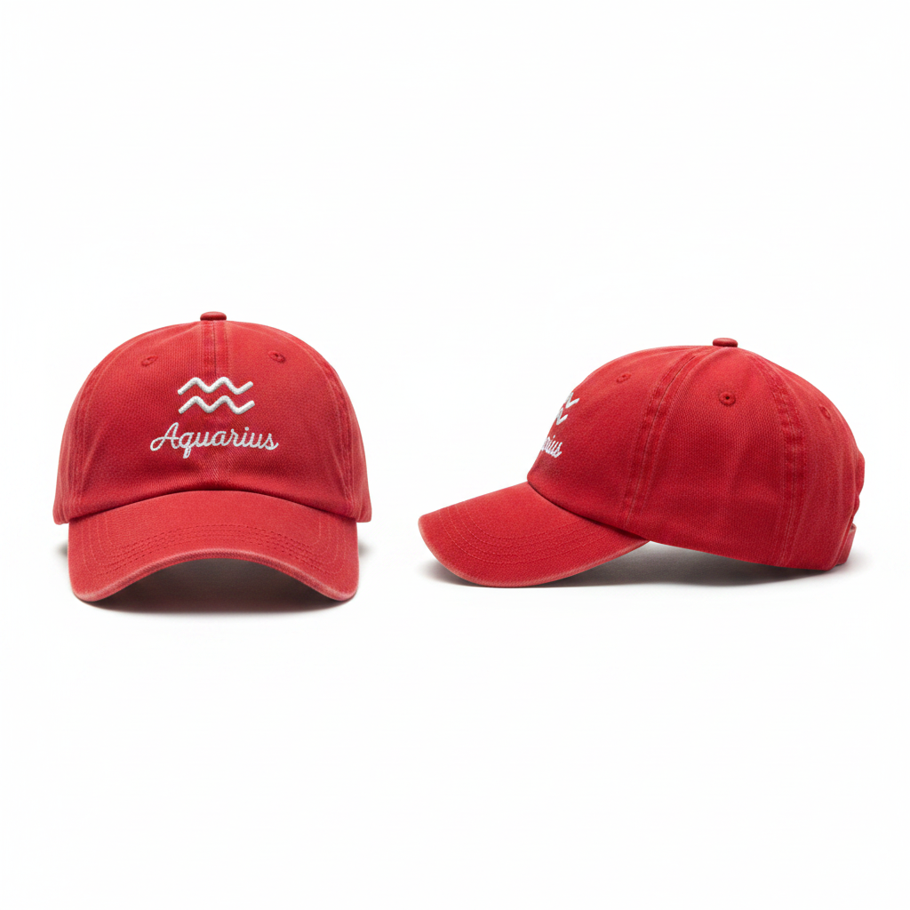 Bright red Aquarius zodiac embroidered dad cap ghost mannequin front and side view
