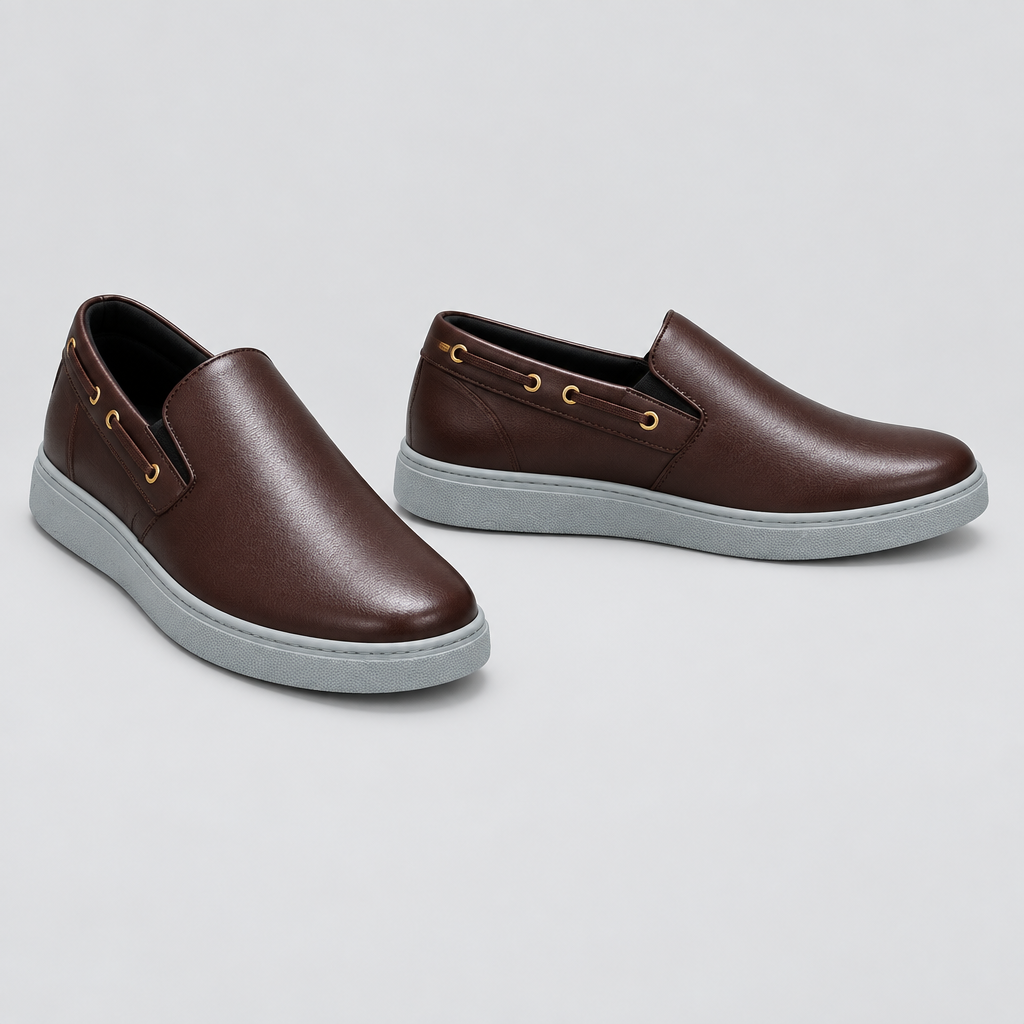 Men's brown gold eyelet slip-on sneakers, front and side view