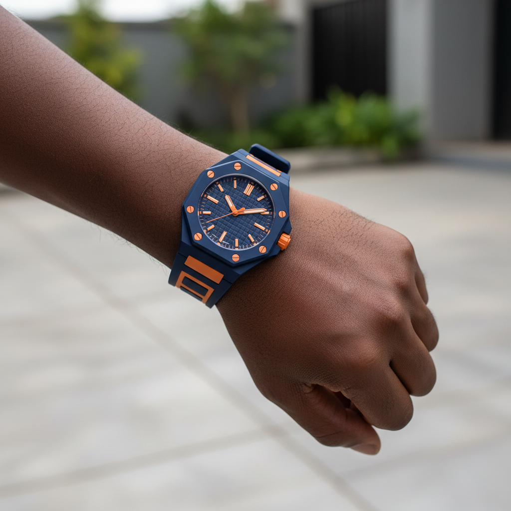 Nigerian male model wearing unisex navy blue octagonal pop watch with orange accents on wrist