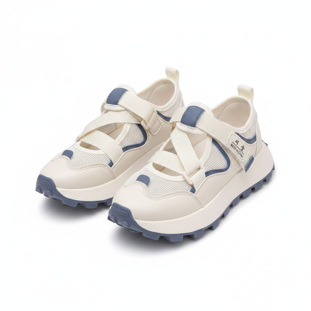 Women's cream mesh hybrid sneaker-sandals with criss-cross strap and lug sole ghost mannequin pair view