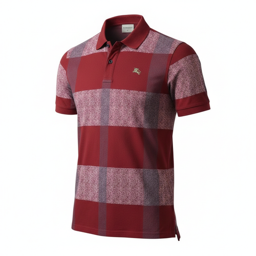 Men's red and grey large-scale check polo shirt — ghost mannequin view