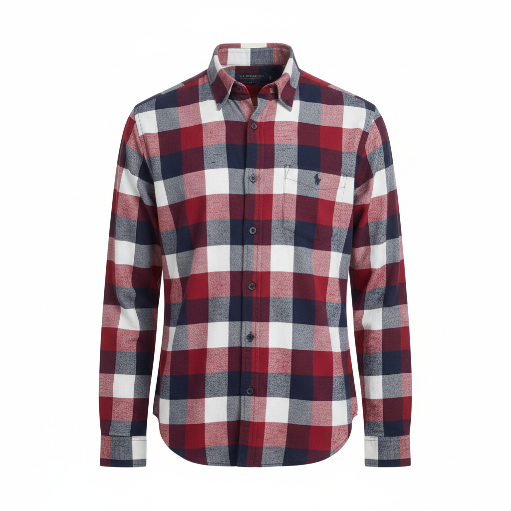 Ghost mannequin front view of red navy grey check long-sleeved shirt
