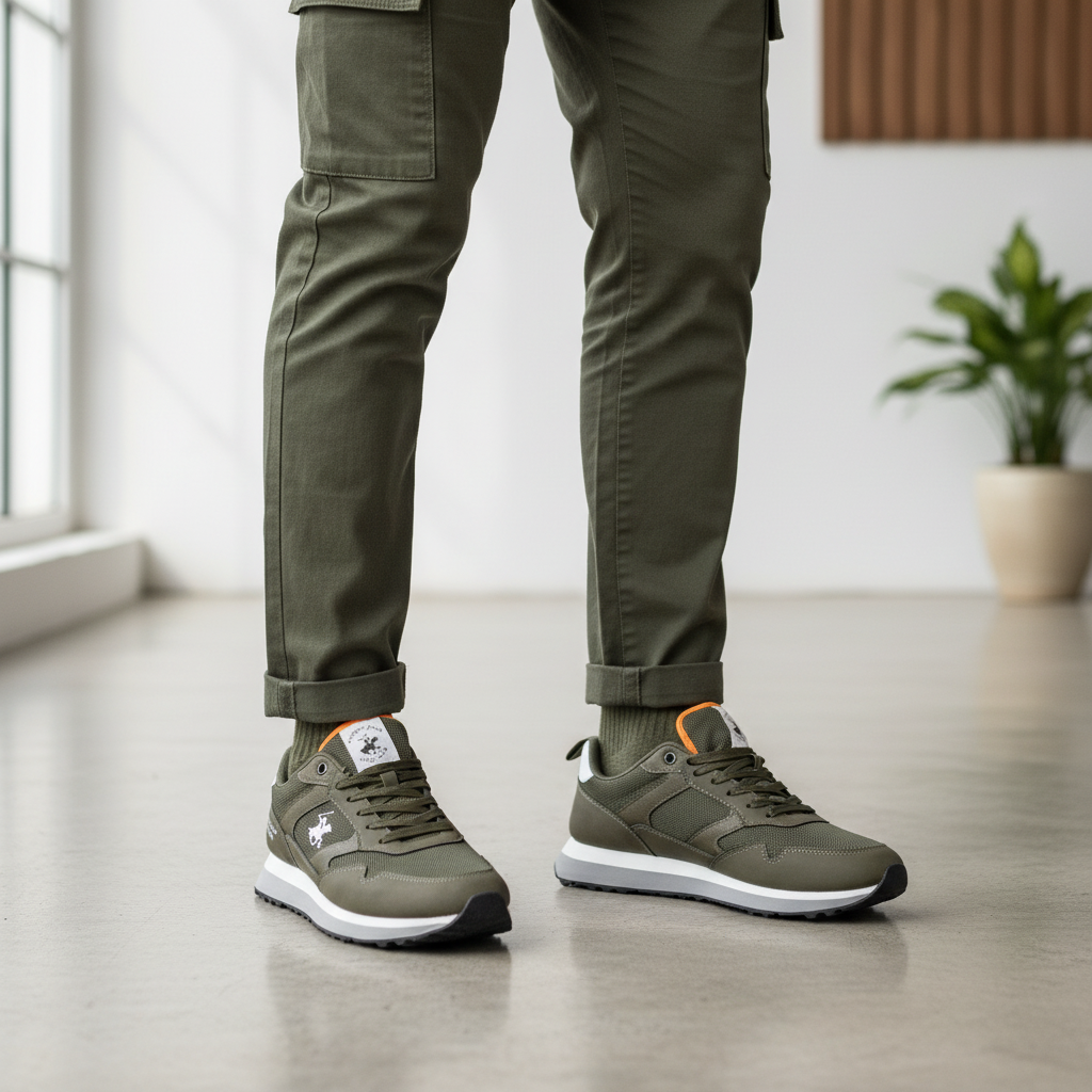 Olive Mesh Retro Runner Sneaker - Model Shot
