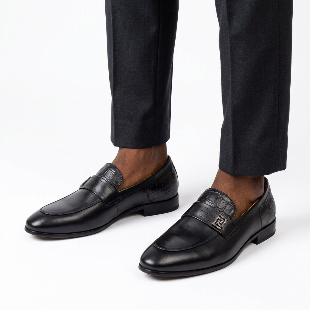 Both black textured-trim loafers worn by a Black male model