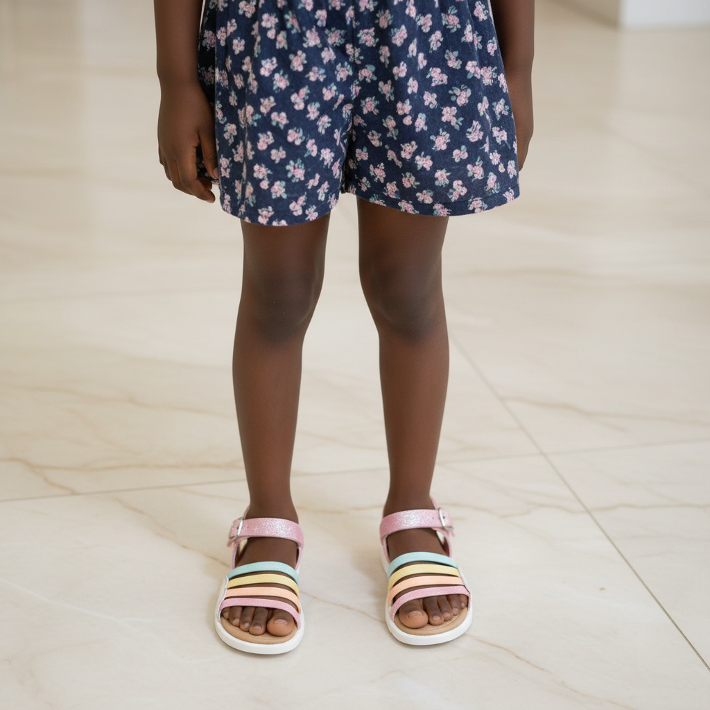 Girls Rainbow Stripe Buckle Sandal – Model Shot