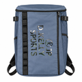 Slate-blue sports backpack with black webbing and side buckles on white