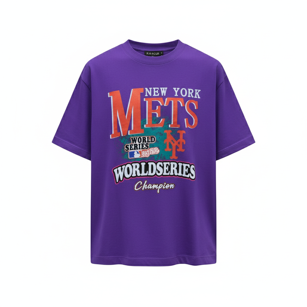 Purple men's graphic T-shirt shown in a square ghost mannequin catalog image