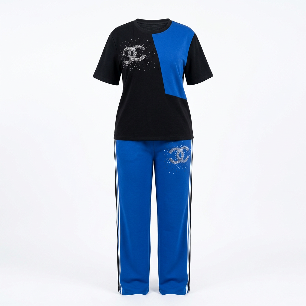 Black and blue colour-block T-shirt and trouser set on an invisible mannequin