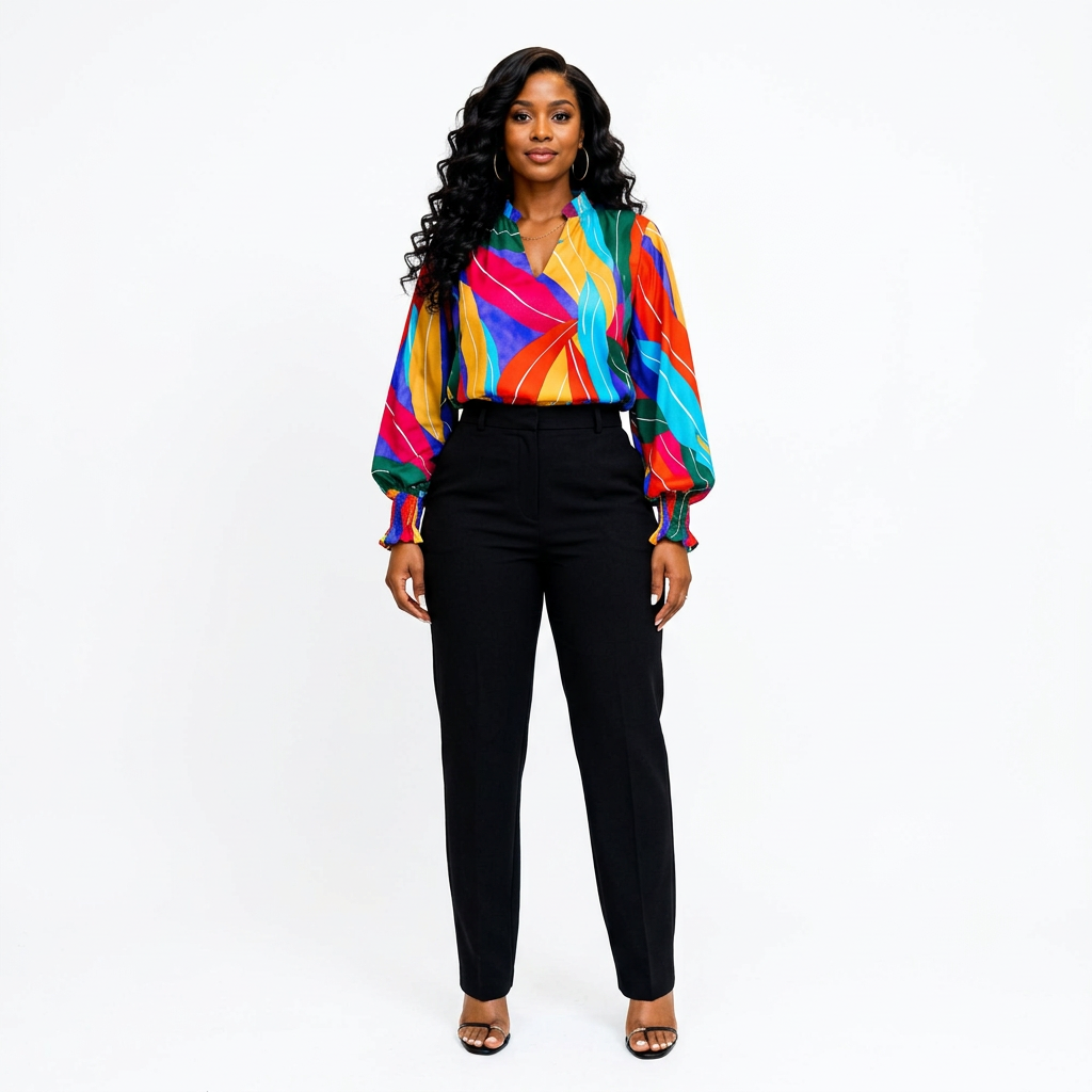 Full-body adult Black woman wearing a multicolour abstract-print blouse