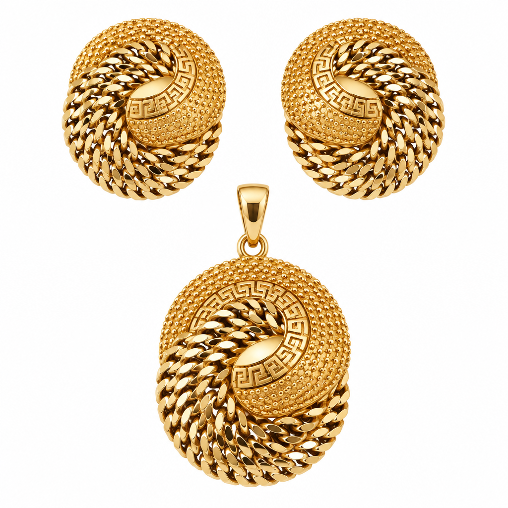 Gold Greek Key Dome Earrings & Pendant Set – Catalog Shot