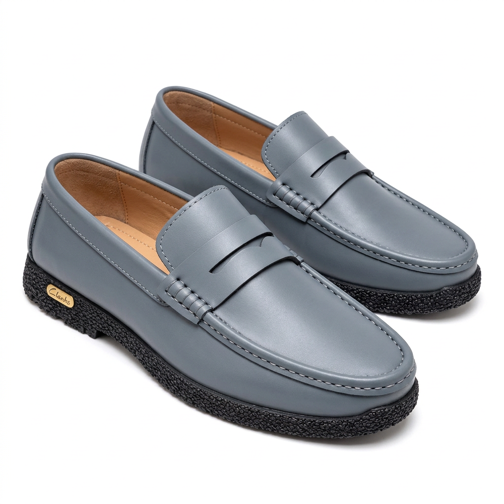 Pair of slate grey penny loafers with black textured soles on a white background